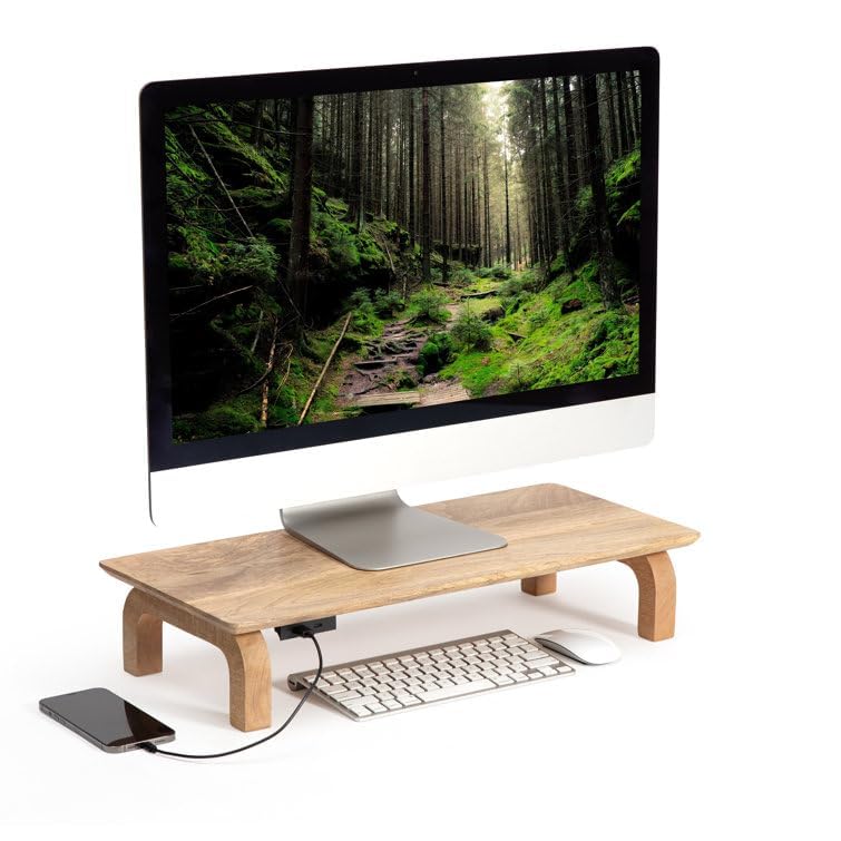 Image of Genuine Decor Solid Sheesham Wood Monitor Stand with Storage Organizer for Desk, Tables, Office, Home, Studio, Study Table | Desktop Ergonomic Monitor Stand Riser (Natural)