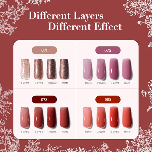 Image of AZUREBEAUTY Nail Polish Set, 4 Colors Rose Red Purple Glitter Quick Dry Natural Nail Lacquer Strengthening Treatment Kit with Top Coat DIY Salon at Home