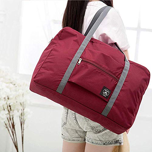 2 pack Foldable Travel Duffel Bag with Fixed on the Trolley Case, Waterproof Luggage Travel Bag, Lightweight Carry On Bag for Sports, Vacation, Shopping, Gym (wine red, light blue)