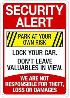 Security Alert Lock Your Car Don't Leave Valuables in View We are Not Responsible for Theft Loss Or Damages Sign Parking Safety Signs Metal Tin Sign 8x12 Inch
