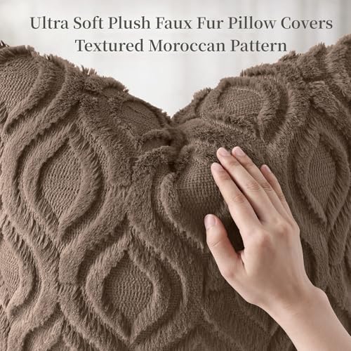 Image of decorUhome Fall Throw Pillow Covers 20x20 Inch Set of 2, Soft Plush Faux Wool Brown Solid Couch Pillow Covers, Accent Farmhouse Neutral Square Pillow Cases for Sofa Bed Living Room