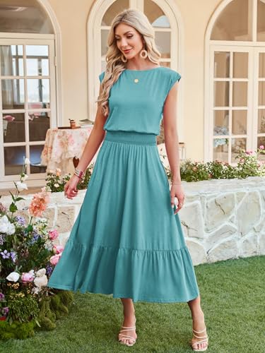 Image of Kikibell Womens Summer Dresses Cap Sleeve Elastic Waist Midi Dress with Pocket Long Causal Sundress Beach Vacation Outfits
