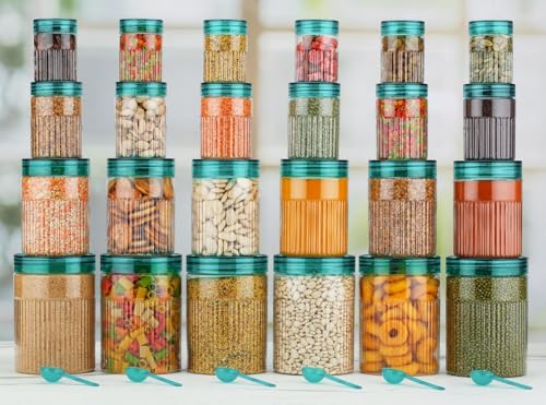 Image of pet Food Storage Containers Set with Airtight Lids, Kitchen Organisation Jars for Pasta, Spices, Dry Goods, Stackable (24 Pcs SKY)