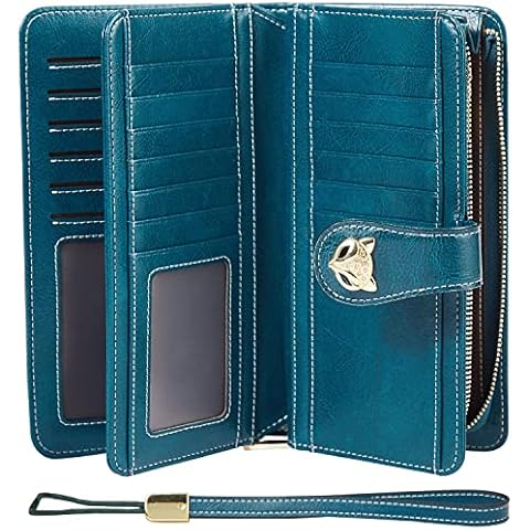 FOXLOVER RFID Wallets for Women Large Capacity Leather Credit Card Holder with Wristlet, Peacock Blue Cover