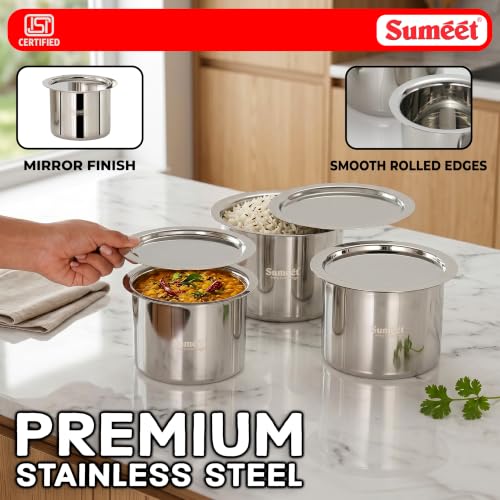 Image of Sumeet ISI Certified Stainless Steel Ganj /Milk Boiler /Tope /Cookware Set of 3 Pcs with Lid, Gas and Induction Friendly, 1250ml, 1550ml, 2000ml, Silver