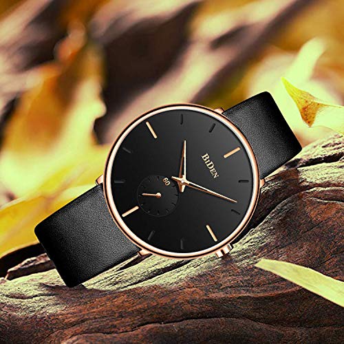 Mens Ultra-Thin Quartz Analog Wrist Watch 30M Waterproof Fashion Minimalist with Leather Band - Gold Black