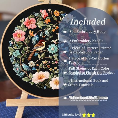 Image of FONNUY Embroidery Kit for Beginners, Birds with Flowers Pre-Stamped Pattern Kits for Adults with Hoop, Easy to Follow Color Thread Needlework, 8'' Hoop (Blue)