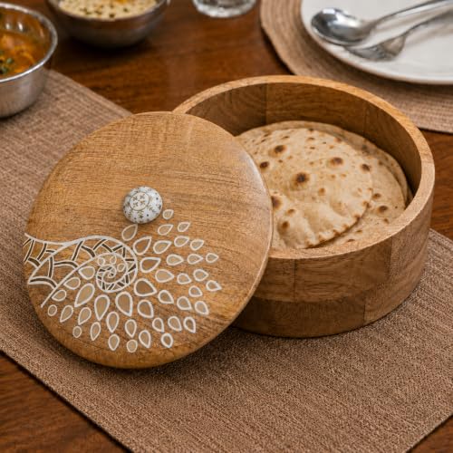 Image of Artysta 'White Peacock' Wooden Chapati Box | Wooden Casserole For Roti | Chapati Box For Kitchen | Roti Box with Lid | Housewarming Gifts | Handpainted Roti Box | Mango Wood 8inch, 1080ml