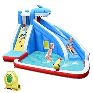 GOPLUS Opblaasbaar waterpark, waterspeelcentrum met klimwand, baketbalvelg/kinderbadje, voor kinderen van 4 tot 12 jaar, opzetzwembad met draagtas, 390 x 305 x 240 cm (met blazer)