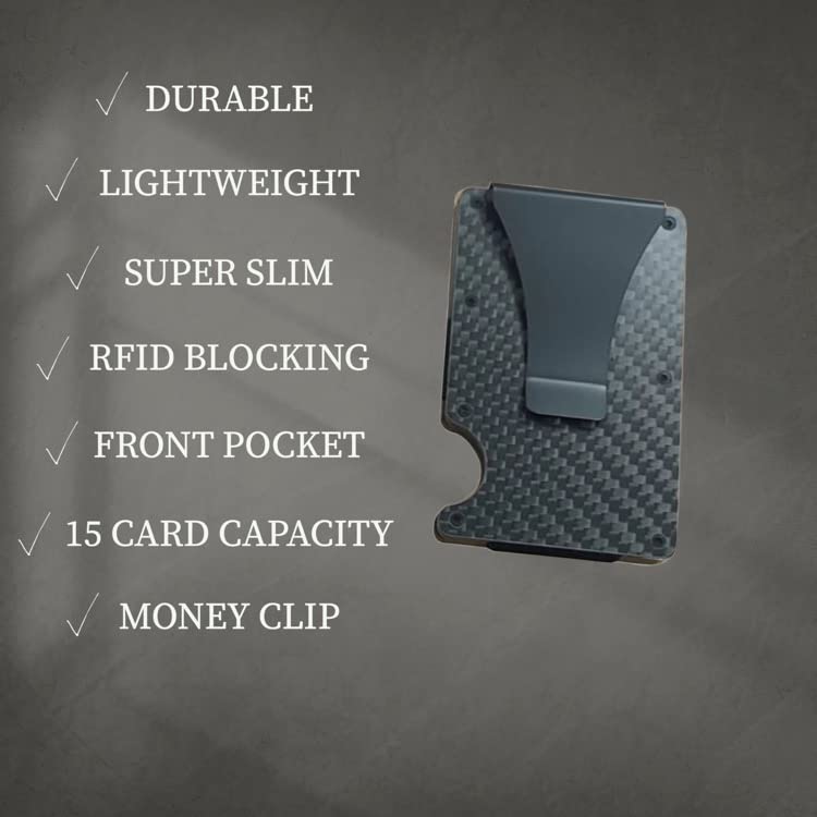 RFID BLOCKING CARBON FIBER, WOOD, MINIMALIST WALLET WITH 15 CARD CAPACITY AND MONEY CLIP (Carbon Fiber, BLACK)2