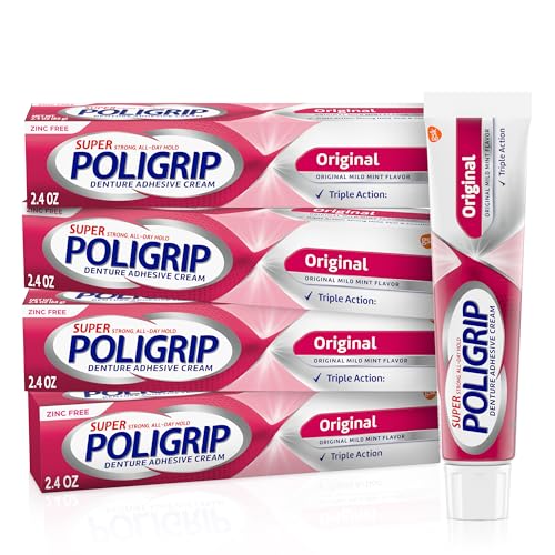 Super Poligrip Original Denture Adhesive Cream, Zinc Free Denture Cream for Dentures - 2.4 Ounces (Pack of 4)