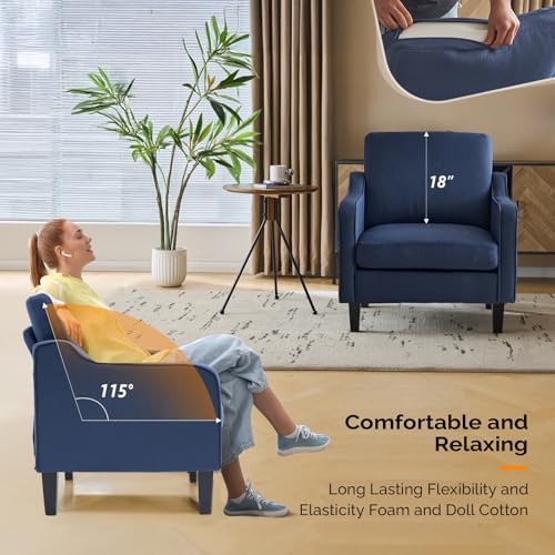 Image of VINGLI Navy Blue Accent Chairs for Living Room, Line Comfy Upholstered Chair Mid Century Modern Armchair for Bedroom, Home Office, Small Spaces, Apartment