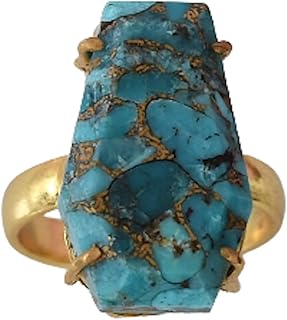 Veracity Jewelry Blue Copper Turquoise Coffin Rings For Women - December Birthstone Spiny Mojave Kingman Turquoise 18K Gold Plated Rings For Women - Blue Turquoise Statement Handmade Jewelry Rings - Blue Cooper Turquoise Gemstone Gold Filled Fashion Chunky Rings - VR-399