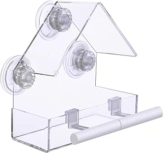 Extra Strong Suction Sups Window Bird Feeder with Drainage Holes. Windowsill Birdfeeders for Small Birds only. LIANGPIN Acrylic Clear House Shape Design