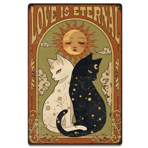 SUPERDANT Plaque Metal Vintage Chat Noir Et Blanc Avec Soleil Et Lune Décor Rétro Plaque Murale Decorative Pour Maison Chambre Bar Café Décoration Murale...