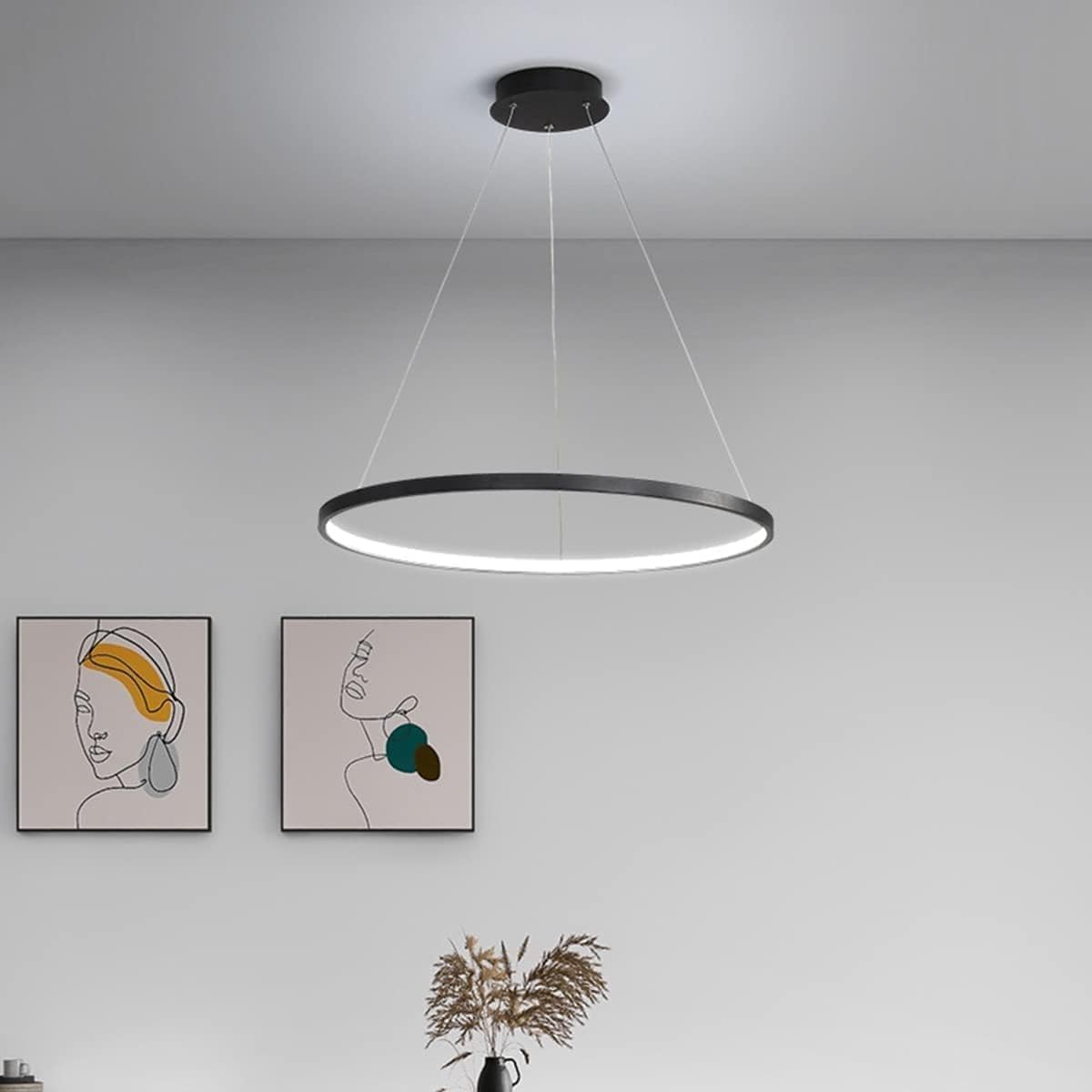 LED Modern Round Pendant Lamp Dimmable with Remote Control Pendant Lamp Height Adjustable Ceiling Light Dining Table Chandelier for Living Room Dining Room Office Lighting (Black, 47.2in)