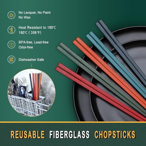 Image of Hiware 10-Pair Reusable Fiberglass Chopsticks, Non-Slip Chop Sticks Set Japanese Style, Dishwasher Safe, Colorful, 9.5-Inch