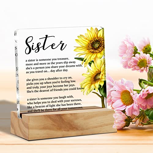 Sister Gift Sisters Gifts, A Sister Is Someone You Treasure Desk Decor Flower Style Square Acrylic Desk Plaque Sign With Wood Stand Home Office Desk Sign Keepsake Present #TOP2