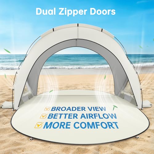 Image of Raynesys Beach Tent Sun Shelter for Sand Camping Fishing, 1-3 Person, Beige | Beach Shade Tent with UPF50+ UV Protection, Portable Sun Shelter, Shade Tents with 2 Zippered Doors