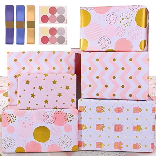 Wrapping Paper Pink Gold Birthday Gift Wrapping Paper for Girls Women-Soft Pink Gift Wrap Paper and Ribbon Sticker for Present - Pretty Light Pink Wrapping Paper Birthday Girl Wrapping Paper Birthday Wrapping Paper Girls Folded Sheets for Party,Weddi