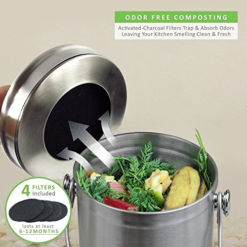 Abakoo Stainless Steel Compost Bin - 1.3 Gallon Premium Rust-Resistant Grade 304 Stainless Steel Kitchen Composter - Includes 4 Charcoal Filter, Indoor Countertop Kitchen Recycling Bin Pail