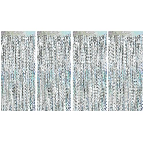 Xyvor 4 Pièces Rideau Anniversaire Argenté,1 m x 2 m Rideaux Paillette en Forme de S,Rideau Frange Anniversaire,Rideaux Métallique Frange pour...