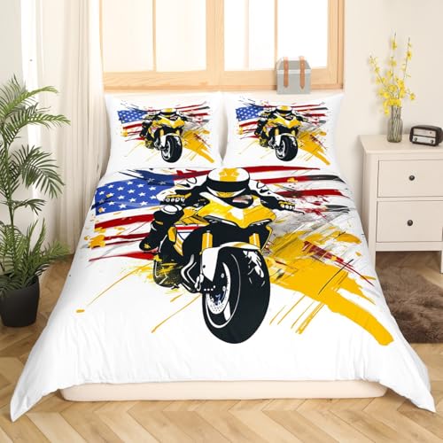 jejeloiu Dirt Bike Bedding Set Toddler Size Motorbike Comforter Cover for Boys Girls Teens Yellow White Duvet Cover Breathable Soft Lightweight Microfiber?No Comforter