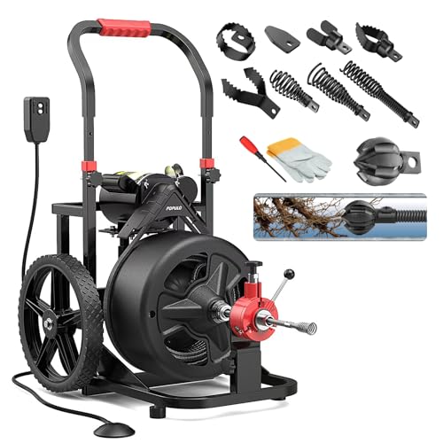100 ft x 1/2 inch POPULO Auto Feed Electric Drain Snake Auger for 2 to 4 Inch Pipes, Sewer Plumbing Snake Auger, Heavy Duty Drain Cleaner Machine with 8 Cutters & 1 Root Killer & Gloves