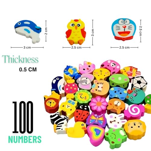 Image of Cute Cartoon Mini Erasers (Pack of 100) - Funny Shaped, Colorful Novelty Erasers for Kids, 3cm X 2cm X 0.4cm, Ideal for Birthday Return Gifts, Party Favors, and School Stationery