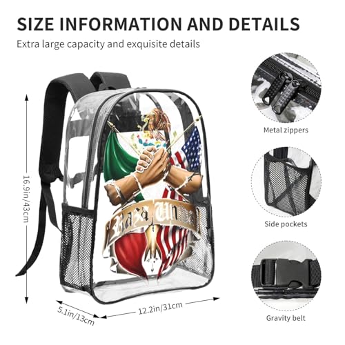 Mexican American Flag 16 Inch Clear PVC Backpacks Transparent Backpack Multipurpose Double Shoulder Bag for Men Women Gifts4