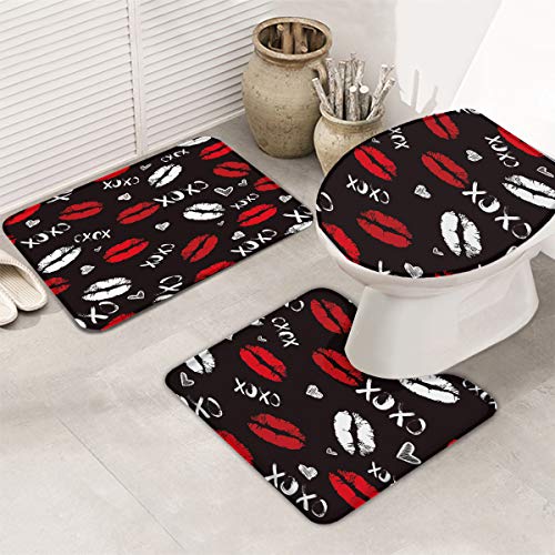 3 Pieces Bath Rug Set Toilet Seat Cover Sexy Lips Black White Red Print Contour Rug, Pedestal Mat and Toilet Lid Cover?Non-Slip Bathroom Floor Mat Large Size