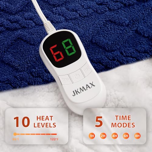 JKMAX Heated Electric Blanket Twin Size-62"x84" Heating Blanket with 10 Heating Levels & 5 Time Settings Over-Heat Protection,Winter Warmer for Adults with ETL Certification(Navy Blue)