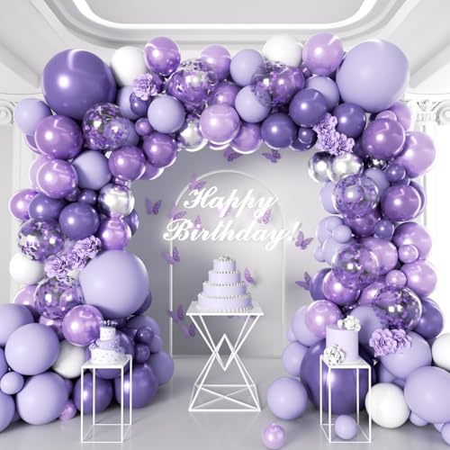 Image of 146Pcs Purple Balloons Garland Arch Kit - 5 10 12 18 inch Lavender Dark Purple Metallic Latex Balloons for Butterfly Baby Shower Birthday Wedding Princess Party Decorations