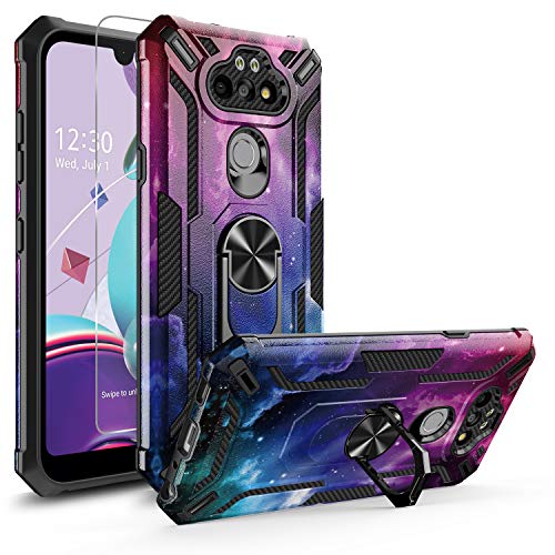 for LG Aristo 5 Case LG Phoenix 5/Fortune 3/K300/LG Aristo 5+ Plus/LG K31 Case w/[Tempered Glass Screen Protector [Shockproof] Car Mount [Ring Stand] Protective Cover for Women Man Star Blue Black