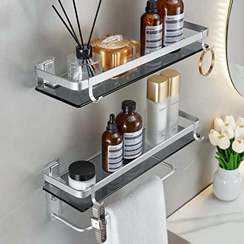 Volpone Glass Shelf For Bathroom 15.7 In Bathroom Shelves With Towel Bar Tempered Glass Shelves With 4 Removable Hooks For Wall（2 Tier） #TOP7