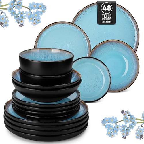 vancasso AMBER Juego de Vajilla Completo para 12 Personas, Plato Vajilla 48 Piezas de Gres   Platos Llanos, Platos de Postre, Ensaladeras y Cuencos   Apto para Lavavajillas, Esmalte Reactivo Azul