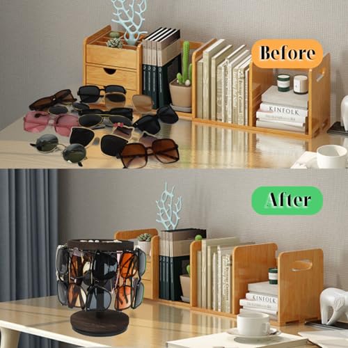 Sunglasses Organizer: Rotating Eyeglass Stand with Wood Tray for Multiple Sunglass Storage