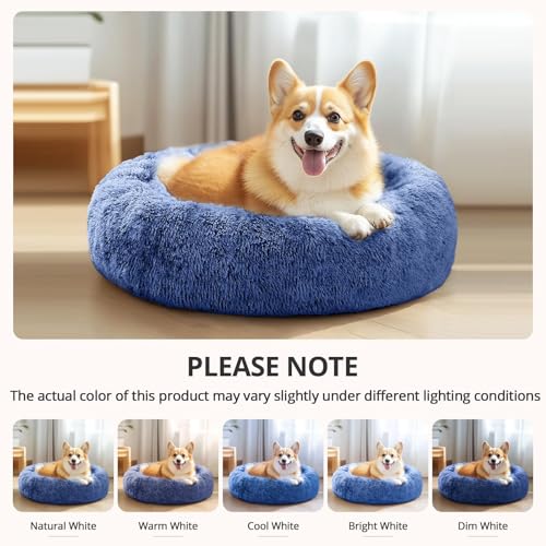 Image of JOLLYVOGUE Calming Dog Bed for Small Dogs - 23 inches Donut Washable Small Dog Bed for Kittens & Puppies, Anti-Slip Round Fluffy Plush Faux Fur Cat Beds (Fits up to 25 lbs Pets, Navy Blue)