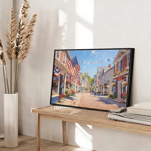 Image of American Flag Framed Canvas Wall Art, 4th of July Red White Blue Canvas Prints, USA Flag with Small Town Street Patriotic Decorations, Independence Day Wall Decor for Bedroom Living Room 12x16