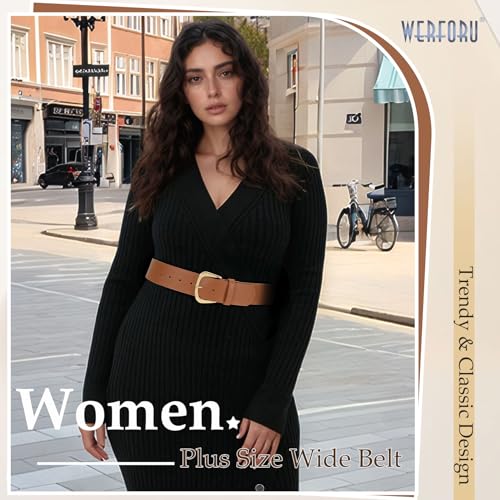WERFORU Women's Leather Wide Belt for Dresses and Jeans With Gold Buckle, Brown, Fit Waist Size 26"-32"4