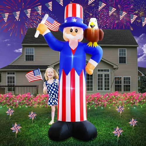 inslife 10FT Tall 4th of July Inflatable Uncle Sam Holding American Flag with Bald Eagle, Blow Up Patriotic Independence Day Decoration Built-in 4 Led Lights for Lawn Yard Outdoor Indoor Holiday Decor