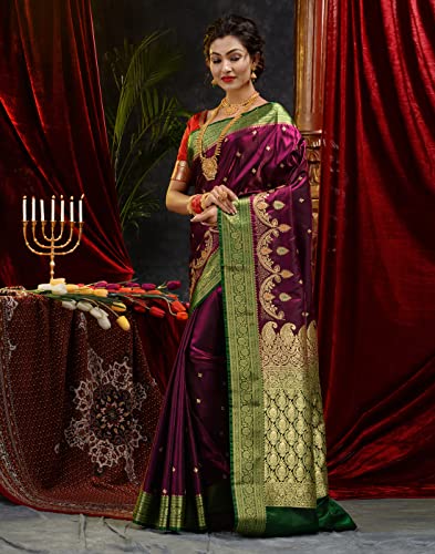 HOUSE OF BEGUM Banarasi Handloom Satin Silk Saree With Embroidery Work with Blouse Piece-STMB-Saree - Image 3