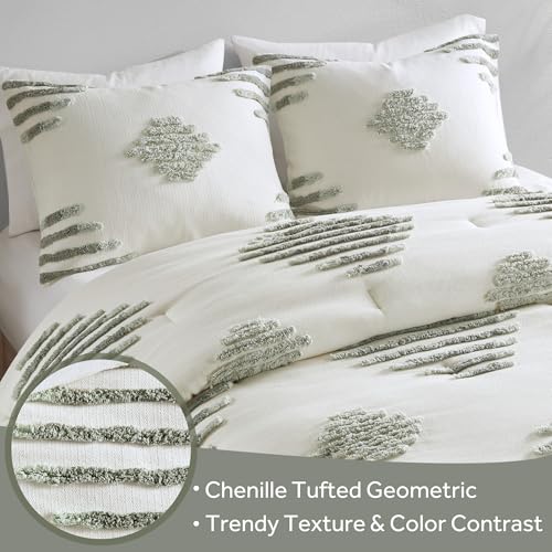 Image of Ink+Ivy Comforter Set Chenille Tufted Geometric Comforter for King Size Bed, Down Alternative All Season Lightweight King Bedding & Shams, Shay, King /Cal King, Green /Ivory 3 Piece