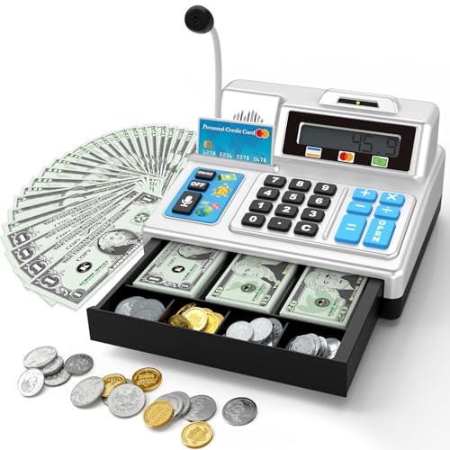 Calculator Cash Register Toy Gift for Kids Age 3, 4, 5, 6, 7, 8+ Year Old, 103 Pcs Pretend Grocery Store Playset with Toy Cash, Microphone, Credit...