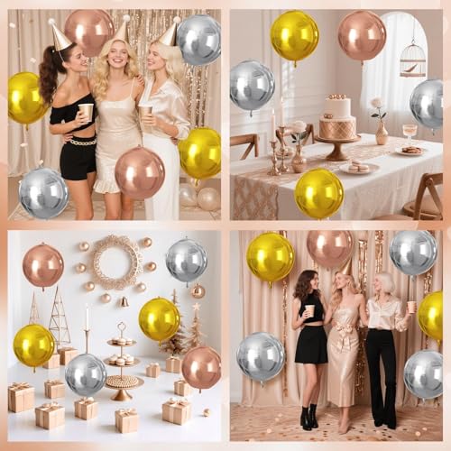 Image of 9 Pcs Silver Gold Rose Gold Round Foil Balloons,22 Inch Round Balloons | Silver Gold Rose Gold Giant 4D Round Ball Balloons For Wedding Graduation Anniversary New Year Disco Party Decorations