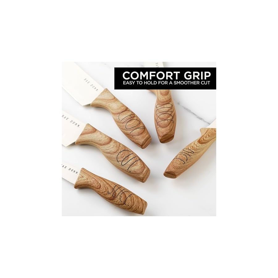 Rae Dunn 7PCS Knife Set with Block for kitchen, Stainless Steel Razor-Sharp Blade, Triple Riveted Ergonomic Handle,Essential Knife Set