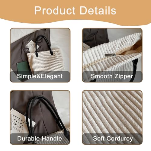 Sac fourre-tout en velours côtelé pour femme spacieux et sécurisé avec zip - 6