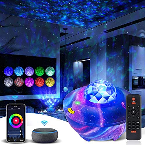 LED Sternenhimmel Projektor, WiFi Sternenlicht Projektor Wasserwellen Projektor mit Fernbedienung und Bluetooth-Lautsprecher Arbeiten Sie mit Alexa
