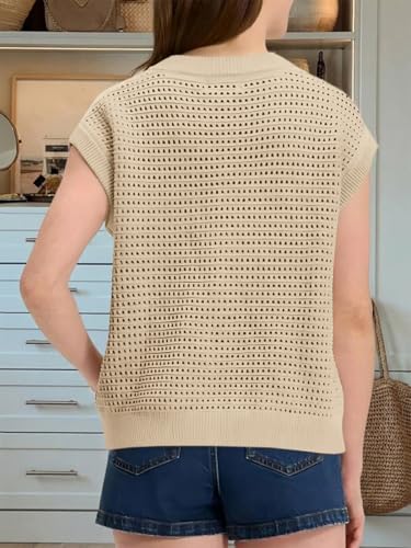 Image of Saodimallsu Womens Short Cap Sleeve Sweater Vest Crochet Button Down Cardigans Crew Neck Summer Knit Tops