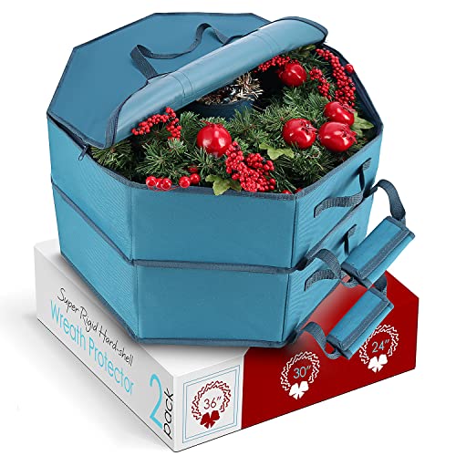 Image of Hearth & Harbor Container-Hard Shell Christmas Bag with Interior Pockets, Dual Zipper and Handles-Premium Wreath Storage Organizer Box, 36 inch, Blue
